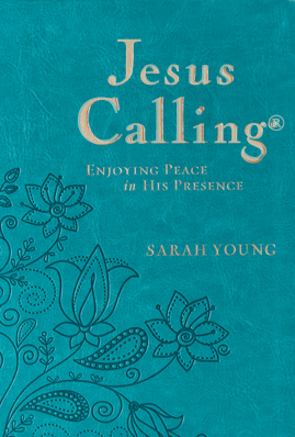 Book cover of a large deluxe teal edition of Jesus Calling by Sarah Young.