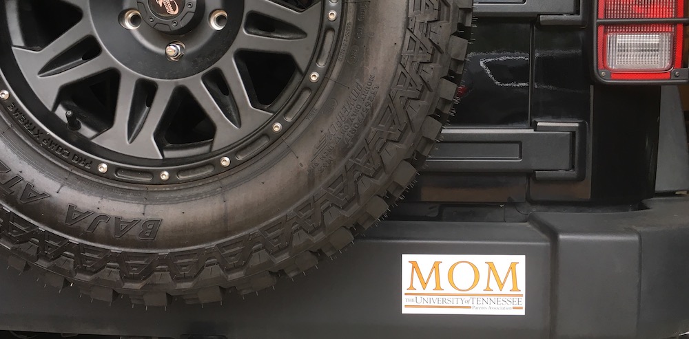 Photo of Sherri Gragg's bumper sticker reading "MOM University of Tennessee"