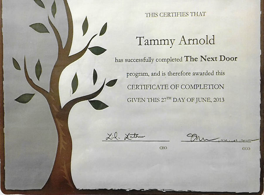 Tammy Arnold's certificate from The Next Door