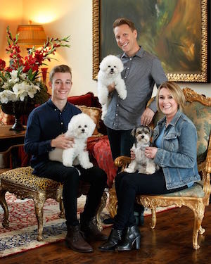 Shelia Walsh with her husband, son, and three dogs.