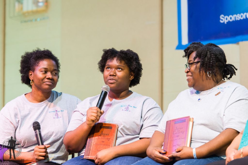 Jayme Tillman-Bridgett with her mother, Johanna Bridgett speaking about the importance Jesus Calling Devotional book has been to their faith walk during Brookland Baptist Church Women's Day 2019