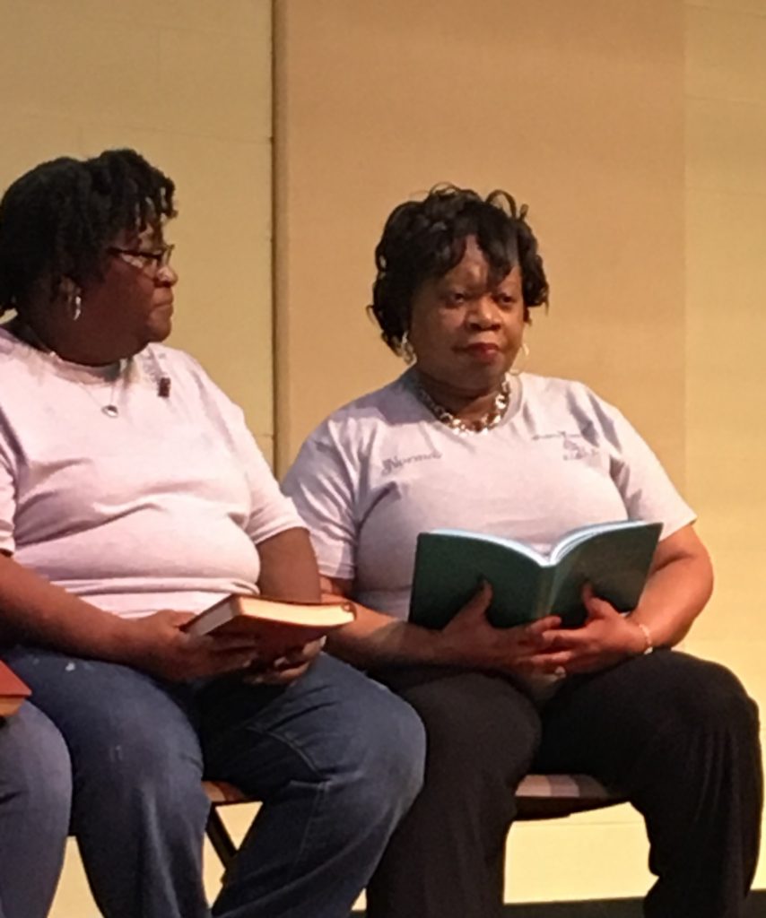 Angela Hartwell (left) shares during the Women's Day 2019 event at Brookland Baptist Church how she and her husband both read the Jesus Calling devotional every day. "Jesus Calling has been a blessing to our marriage and to our family."