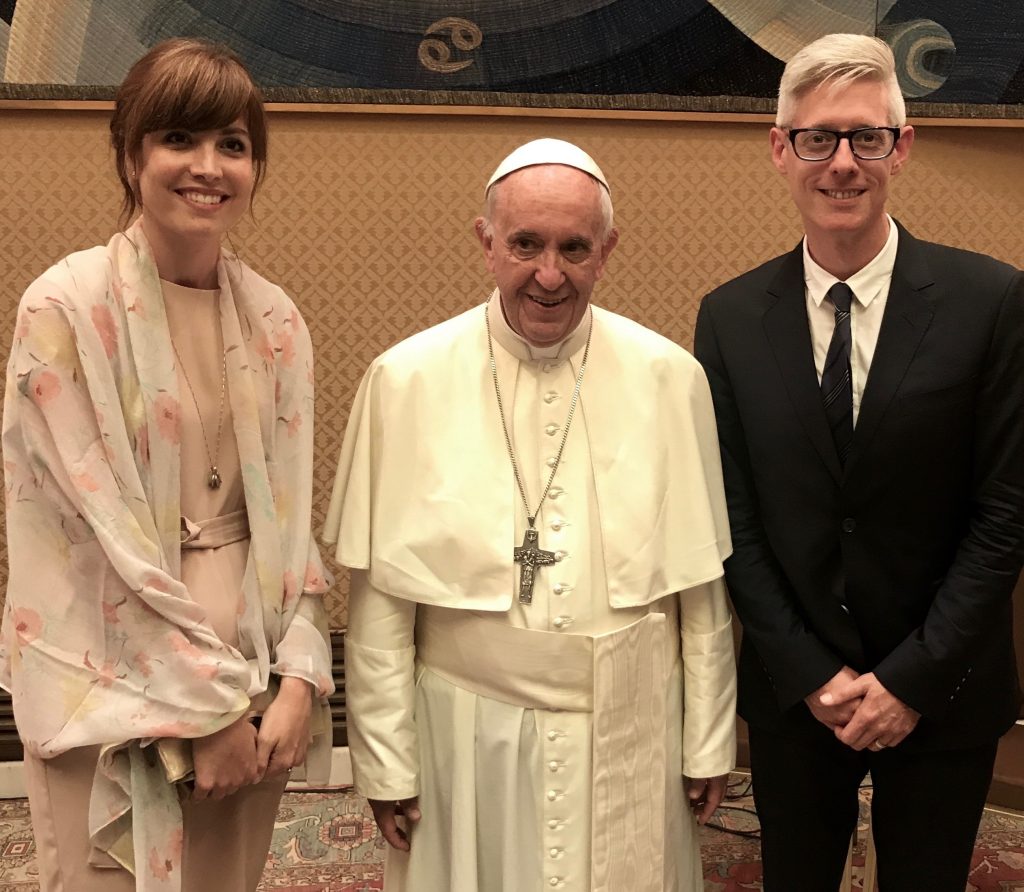 Joining the Jesus Calling podcast, singer/songwriter Matt Maher is pictured here with his beautiful wife and the Pope