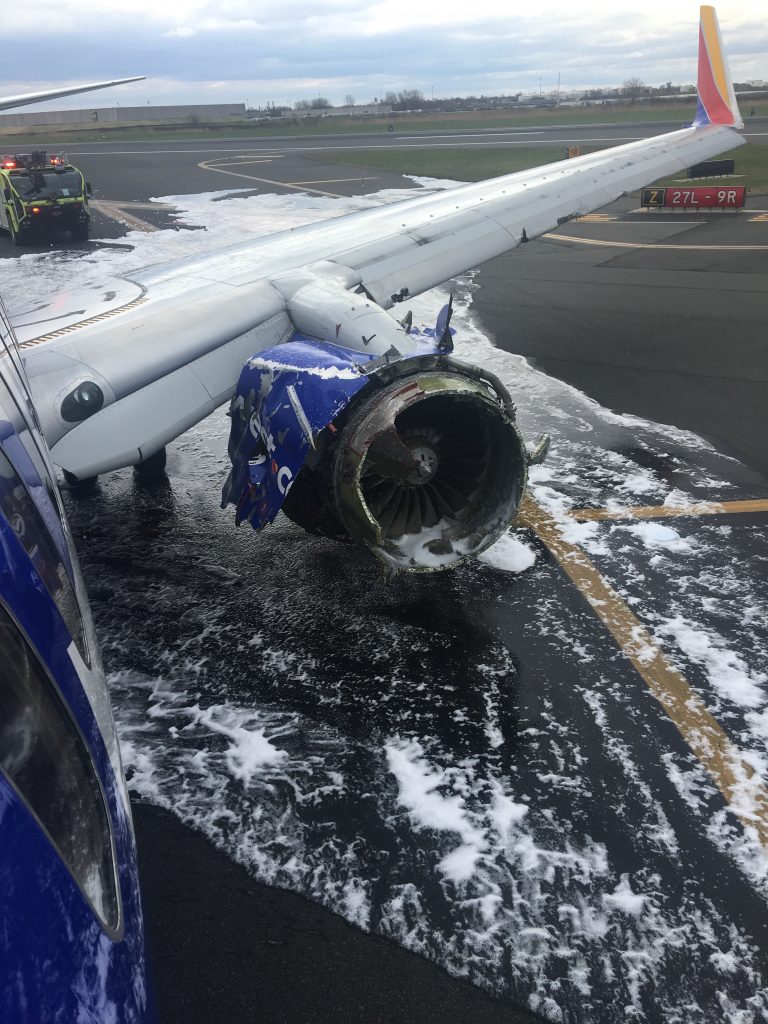 Image of the crippled Southwest Airlines engine that exploded in mid-flight as pilot Tammie Jo Shults and crew worked to safely land the plane (as featured on Jesus Calling podcast)