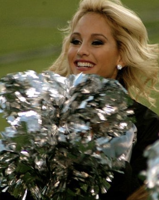 Jesus Calling podcast 460 featuring Emily Compagno - shown as a cheerleader with the Oakland Raiders