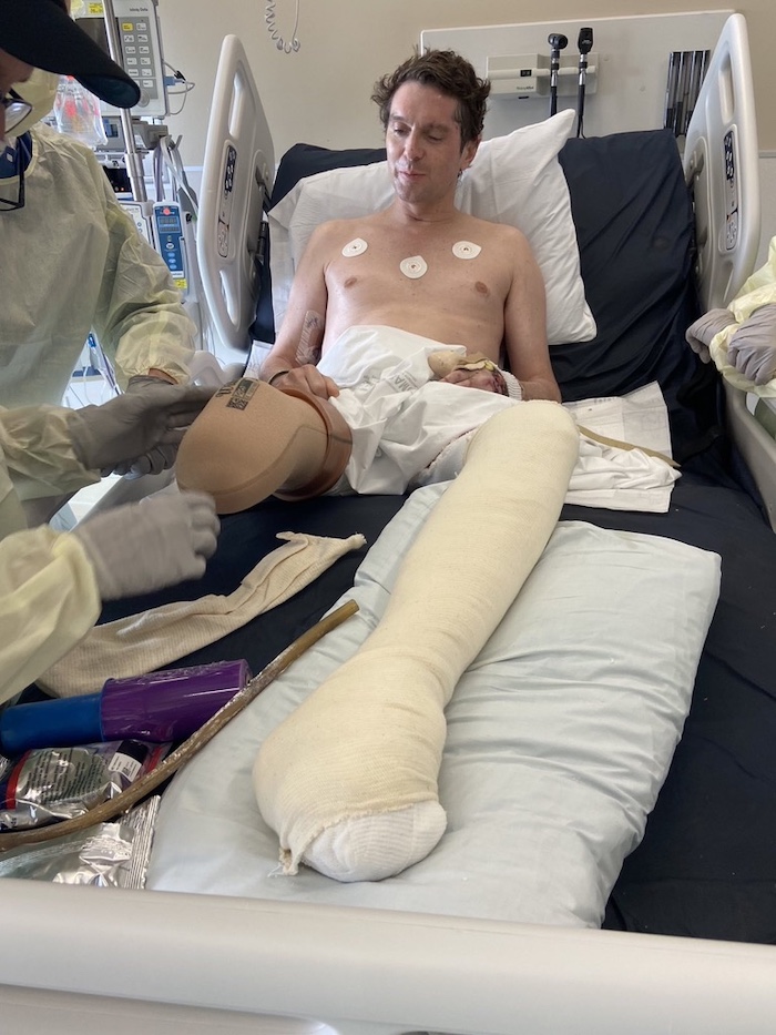 Jesus Calling podcast 466 featuring Benjamin Hall - shown in the hospital following the Ukrainian War bombing - Courtesy of Benjamin Hall