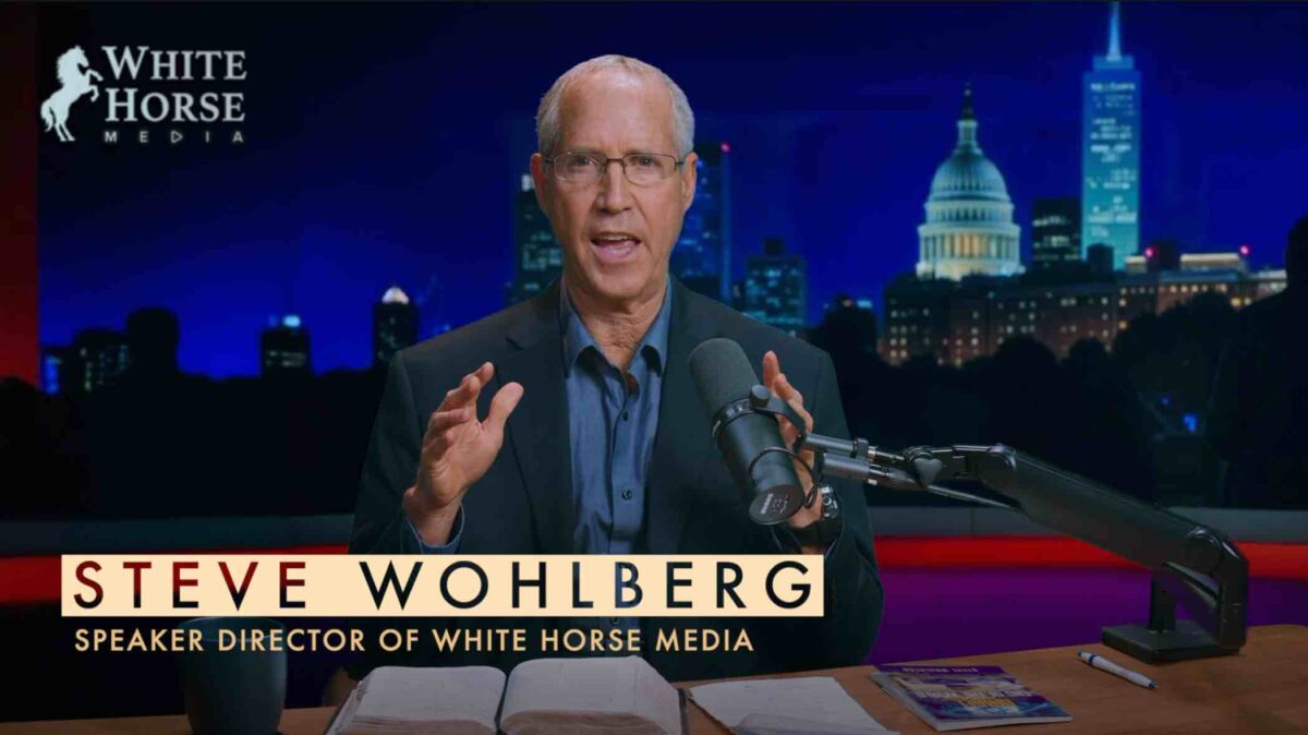 Jesus Calling podcast 474 featuring Steve Wohlberg - shown here is Steve speaking on television