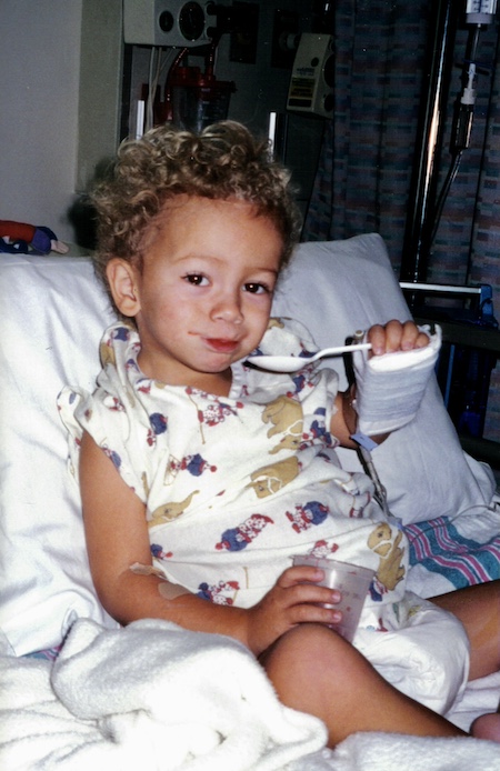 Jesus Calling 476 podcast featuring JT Mestdagh - shown here is a toddler JT in the Hospital