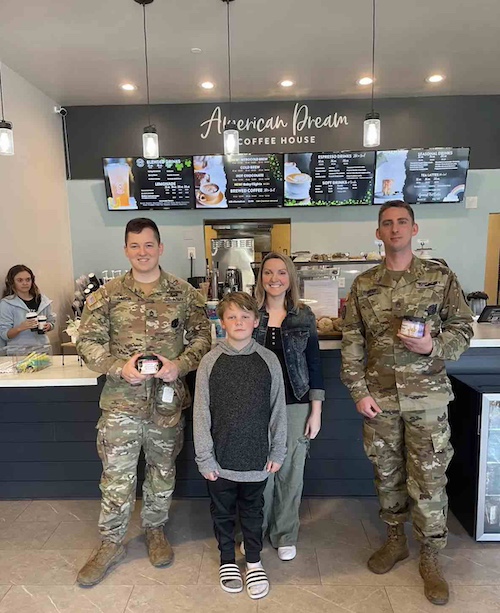 Jesus Calling podcast 475 featuring Lea Hurley - with soldiers at American Dream coffee house